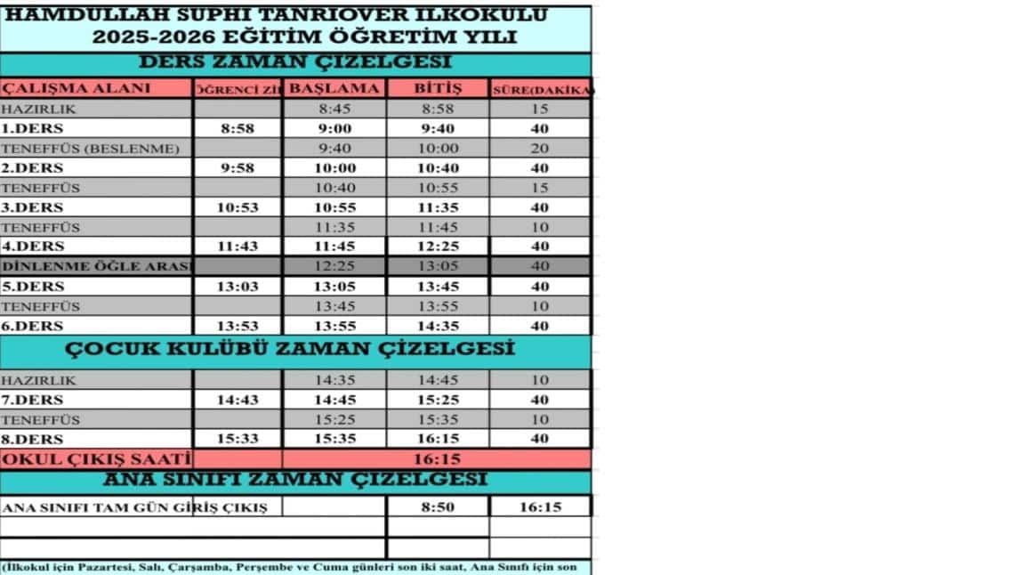 2025-2026 EĞİTİM ÖĞRETİM YILI HAMDULLAH SUPHİ TANRIÖVER İLKOKULU DERS ZAMAN ÇİZELGESİ